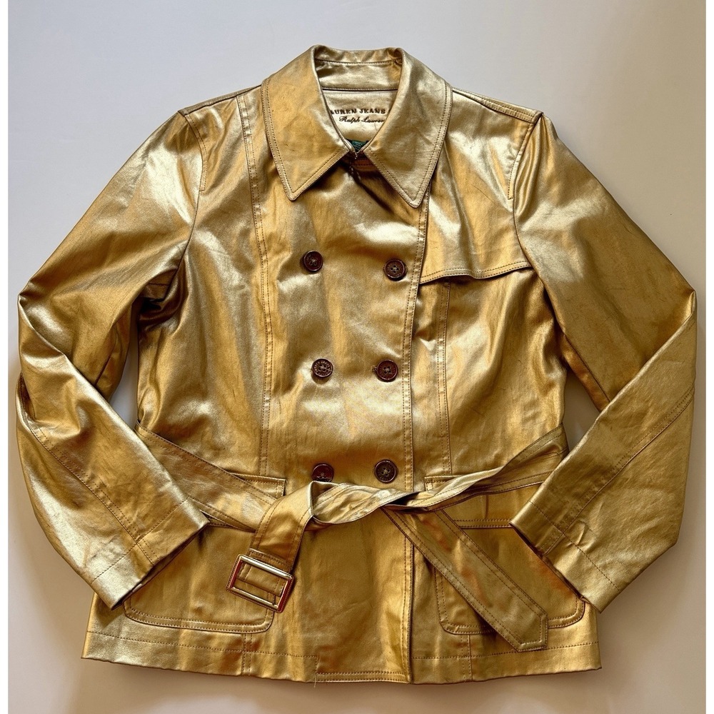Vintage Lauren Ralph Lauren Gold Metallic Belted Trench Jacket Women's Size XL